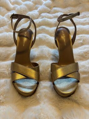 BCBGeneration Metallic Gold Crisscross Ankle-Strap Heels